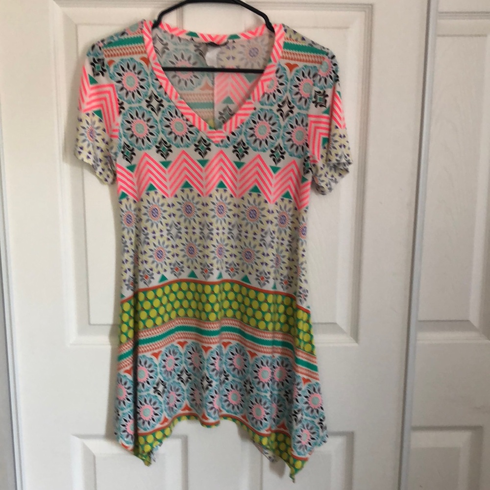 CHRISTIAN CALIENDO Vintage V-Neck Neon Floral Pattern Short Sleeve Tunic Small